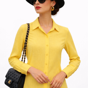 camisa feminina longa em linho amarelo